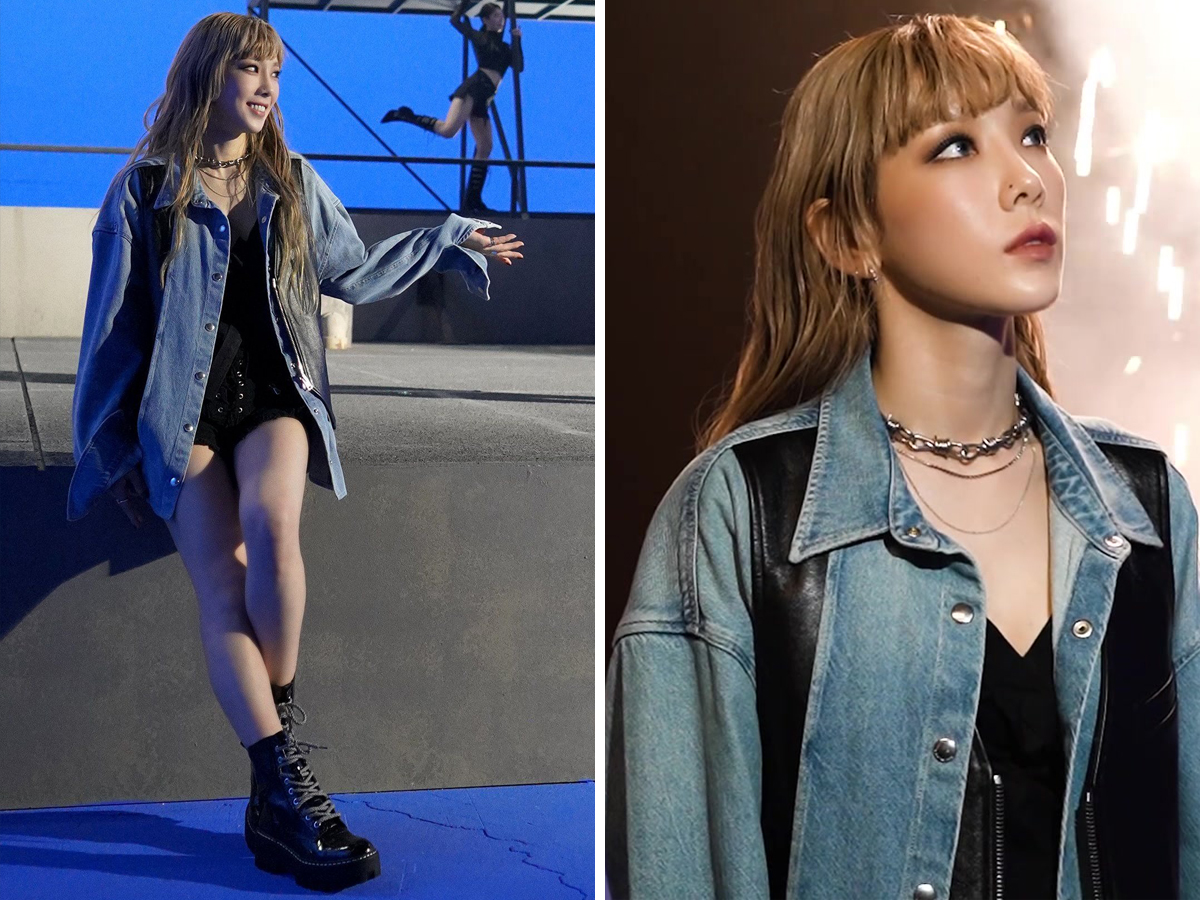 Taeyeon mặc đầm đen, áo khoác jeans, mang giày bốt da trong MV nhạc KPOP Spark