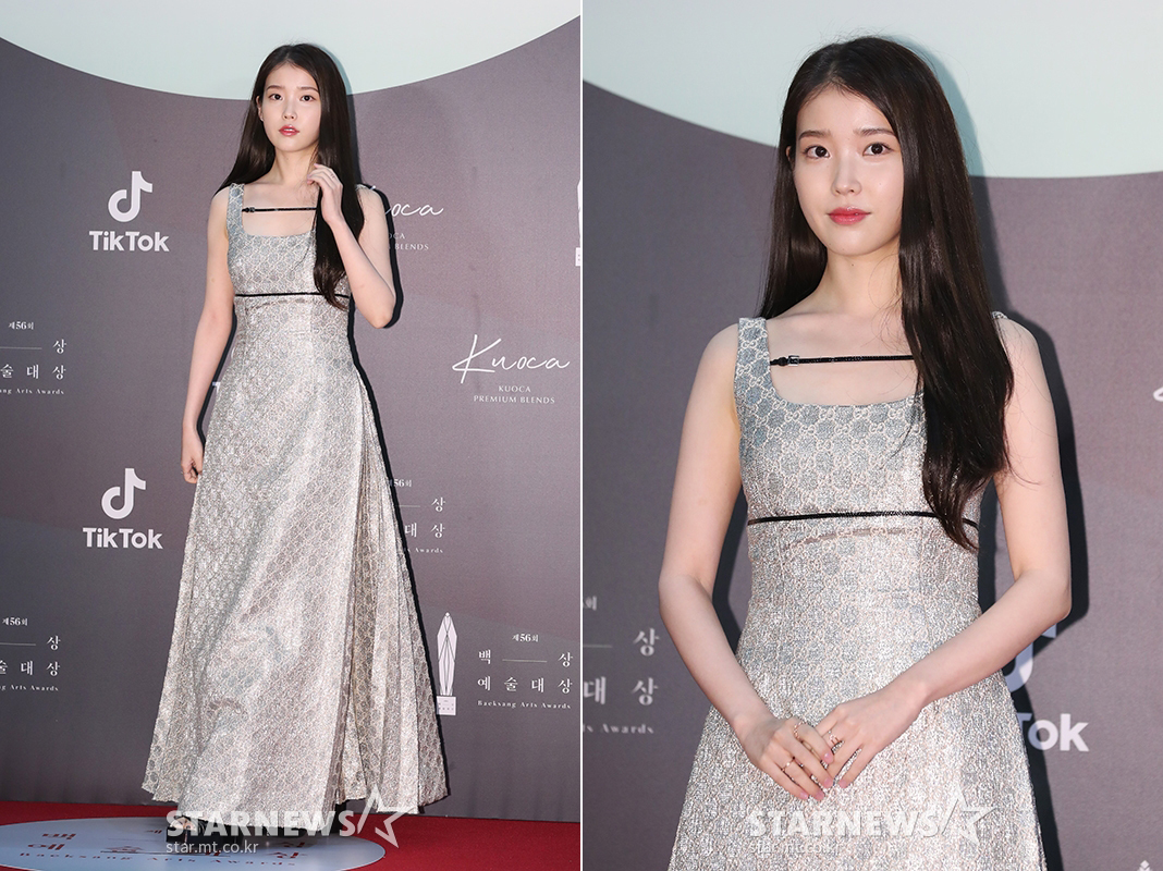 thảm đỏ lễ trao giải baeksang 2020 son ye jin - ca sĩ IU đầm bạc ánh kim