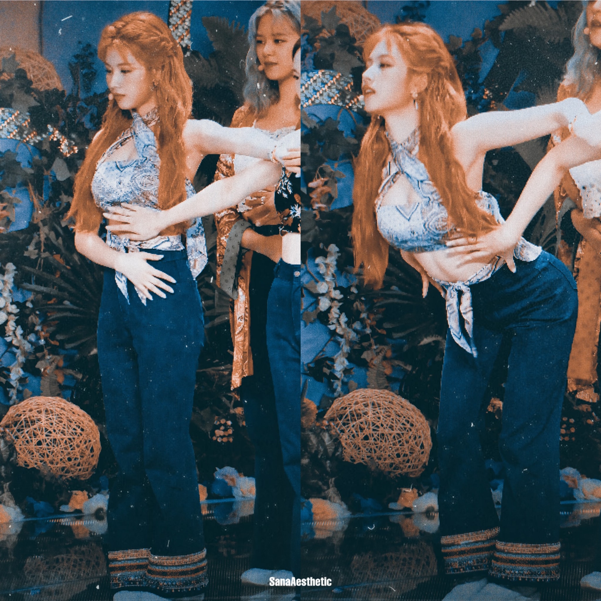 Sana mặc quần jeans ống loe và áo croptop trong MV more & more của twice