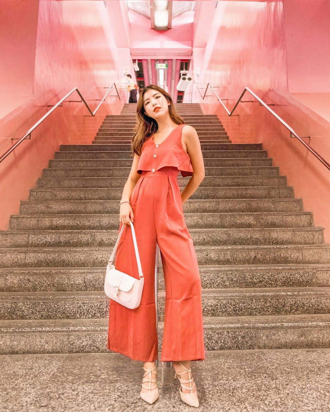 Jumpsuit linen ống rộng màu cam đào