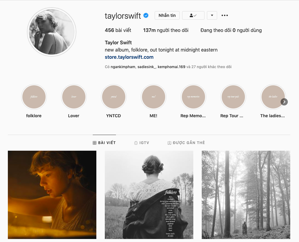 ảnh chụp IG Taylor Swift album folklore