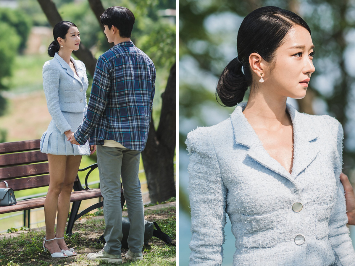 Seo Ye Ji mặc âu phục váy vải tweed màu xanh nhạt trong Điên Thì Có Sao