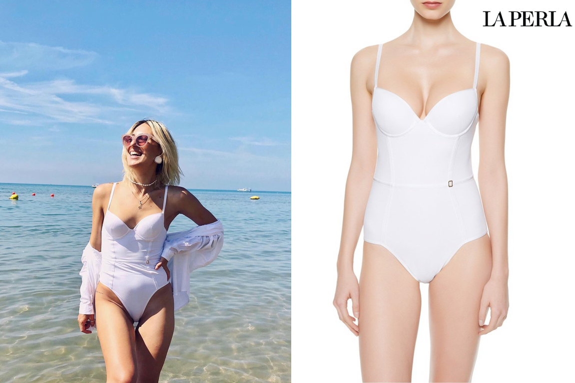 La Perla monokini trắng với chi tiết khóa khắc logo mạ kim loại quý Rhodium