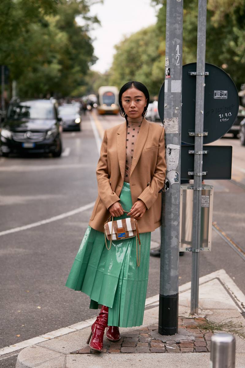 Green leather pleated skirt