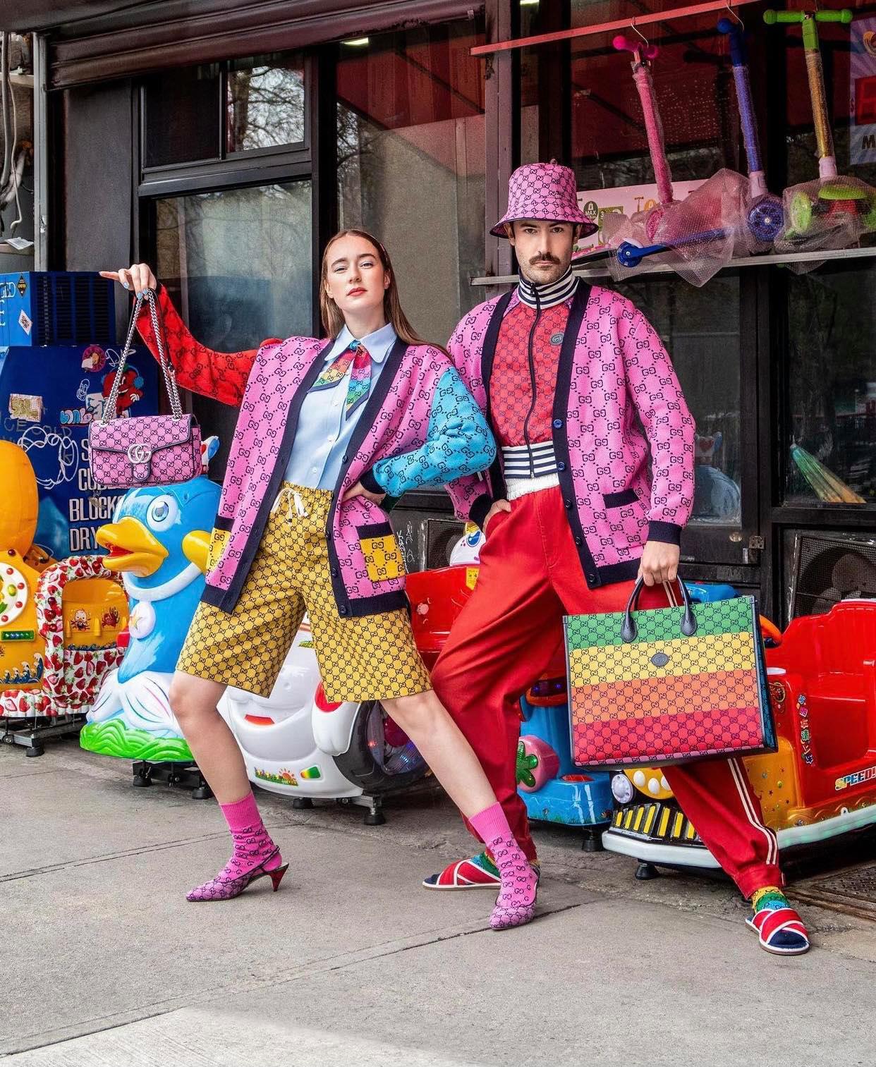 colorful gucci outfit from paris couple