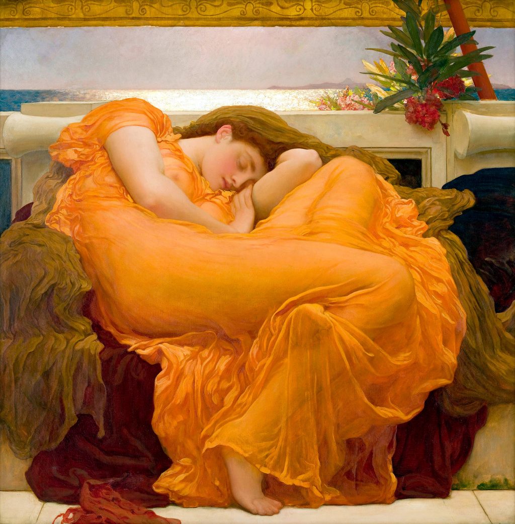 Bức tranh "Flaming June"  của tác giả Frederic Leighton với tông màu hổ phách hoàn hảo và mang một niềm quyến rũ bí ẩn. 