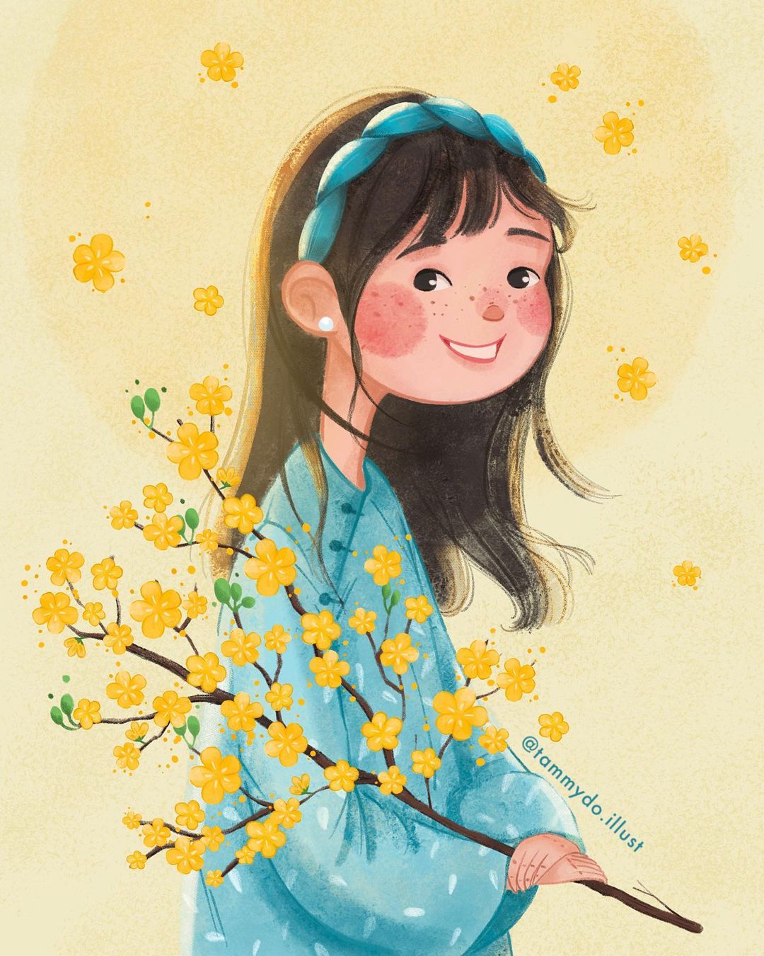 digital painting cầm cành mai