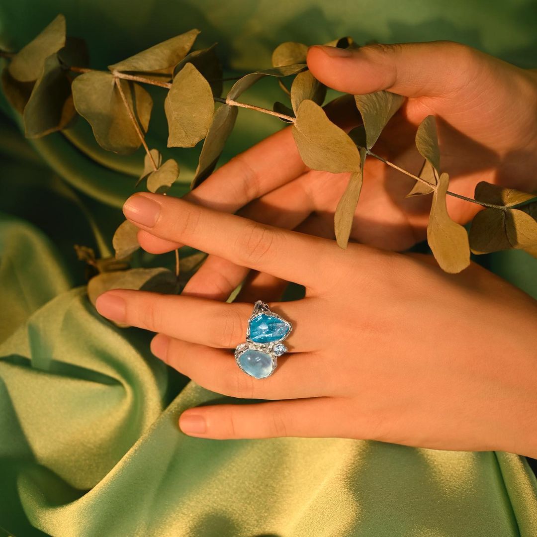 Nhẫn đá Topaz và Aquamarine