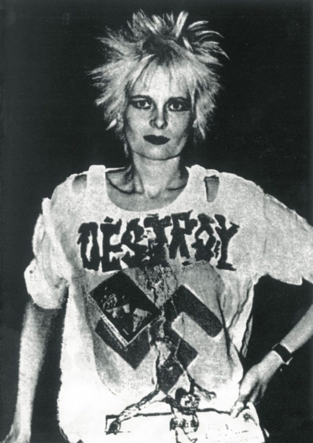 Vivienne Westwood in punk style during 1970 in black and white 