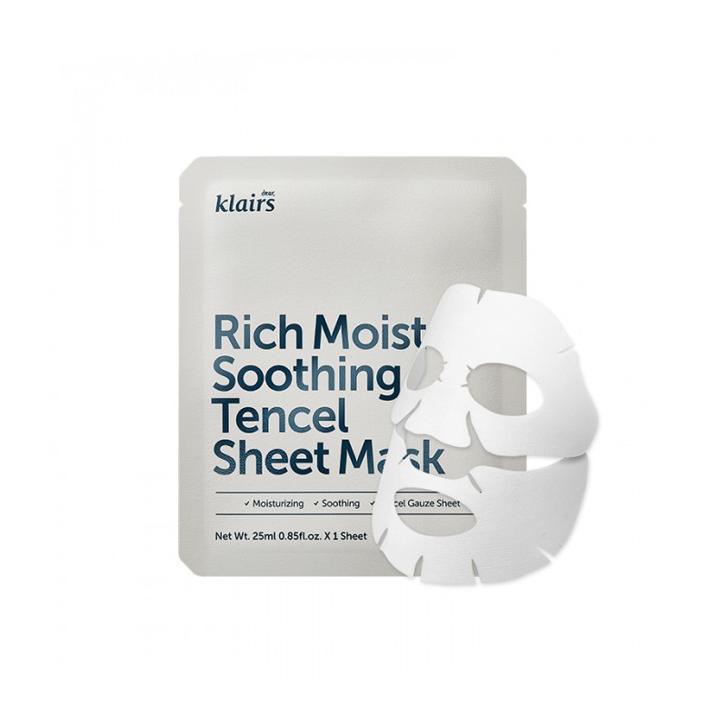 Chăm sóc da với mặt nạ giấy Klairs Rich Moist Soothing Tencel Sheet Mask.