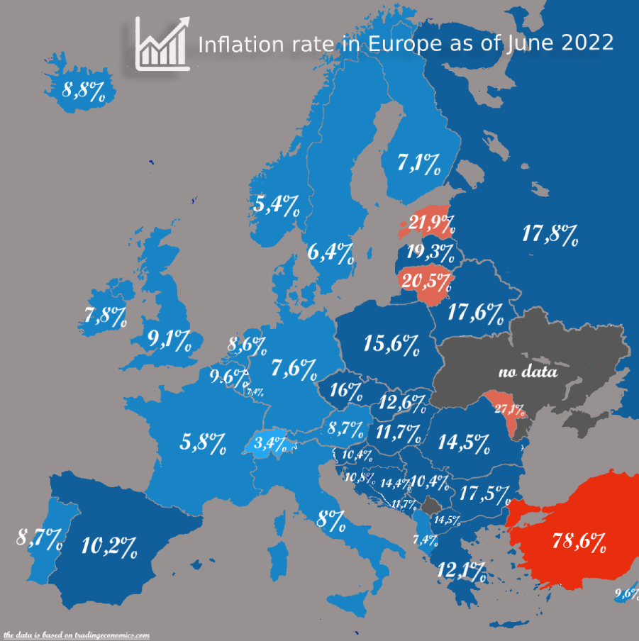 bản đồ chỉ số lạm phát tại các nước châu âu xanh đỏ usd tăng