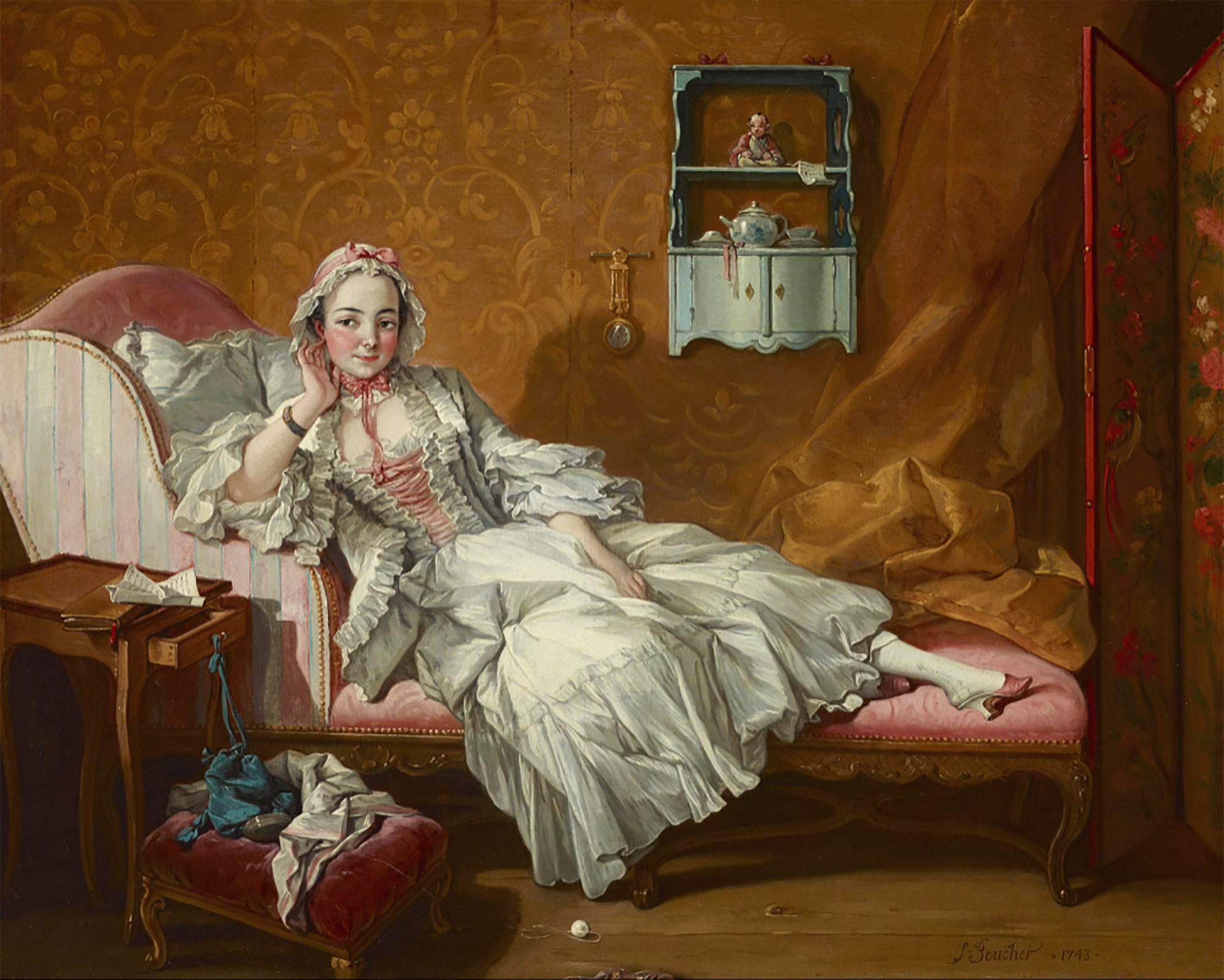 uống trà người phụ nữ nằm trên phản hội họa