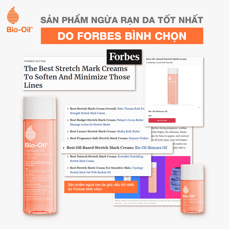 Bio-Oil Skincare Oil được tạp chí danh giá Forbes bình chọn là dầu dưỡng trị rạn da tốt nhất