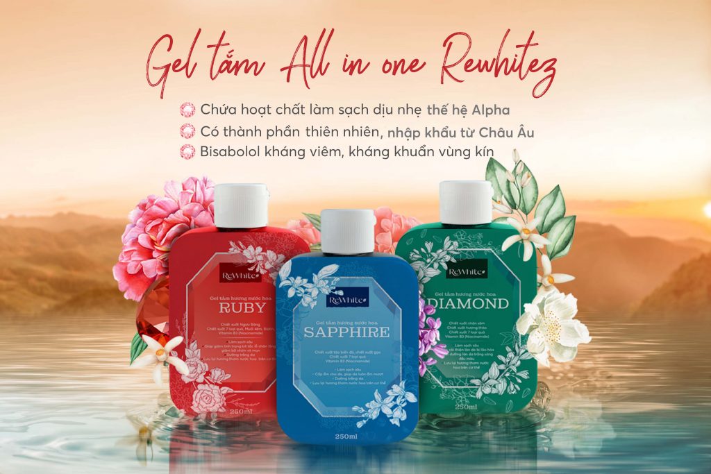 Gel tắm rewhitez làm sạch dịu nhẹ.