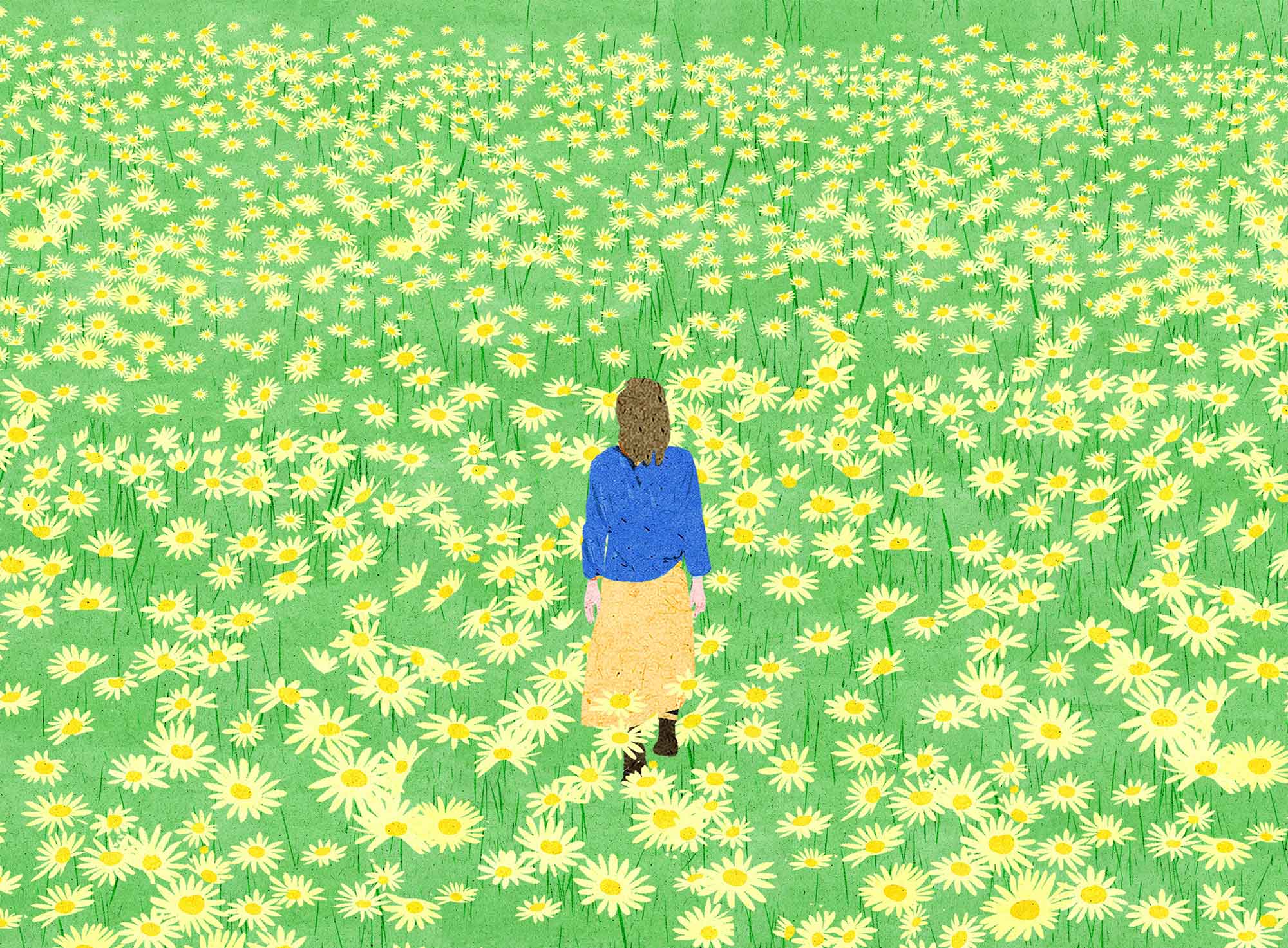 tranh vẽ cô gái và cánh đồng hoa