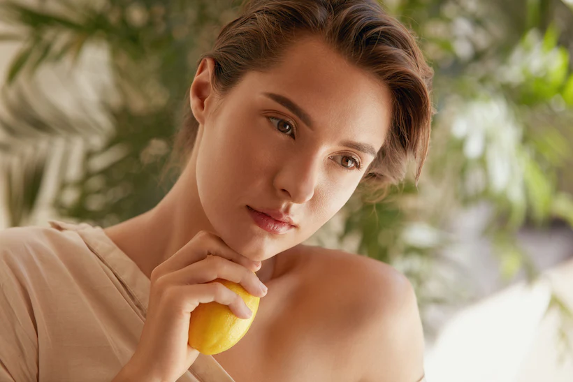 Dưỡng trắng da bằng vitamin C cô gái cầm quả chanh vàng