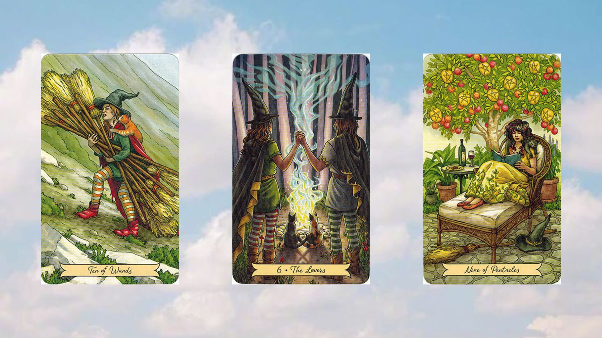 trải bài tarot tụ 2 tuần 22/4 ten of wands - lovers - nine of pentacles