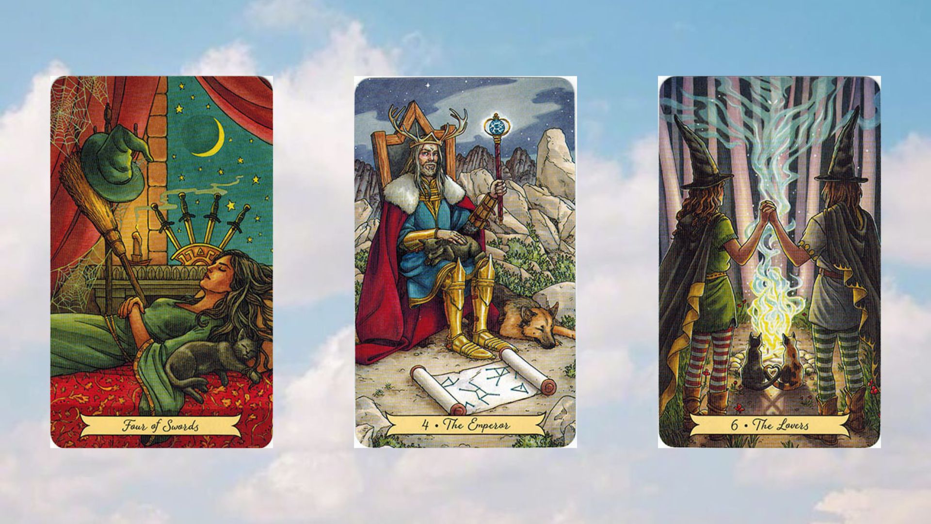 trải bài tarot tuần mới bộ bài everyday witch tarot gồm four of swords - the emperor - the lovers