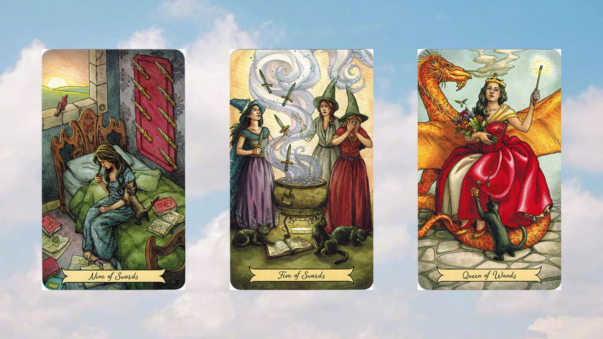 trải bài tarot tuần mới five of swords - nine of swords - queen of wands