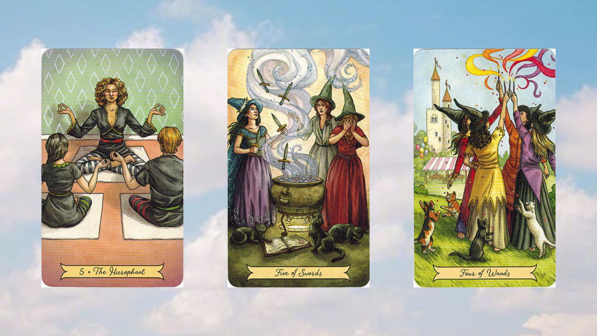 trải bài tarot the hierophant - five of swords - four of wands