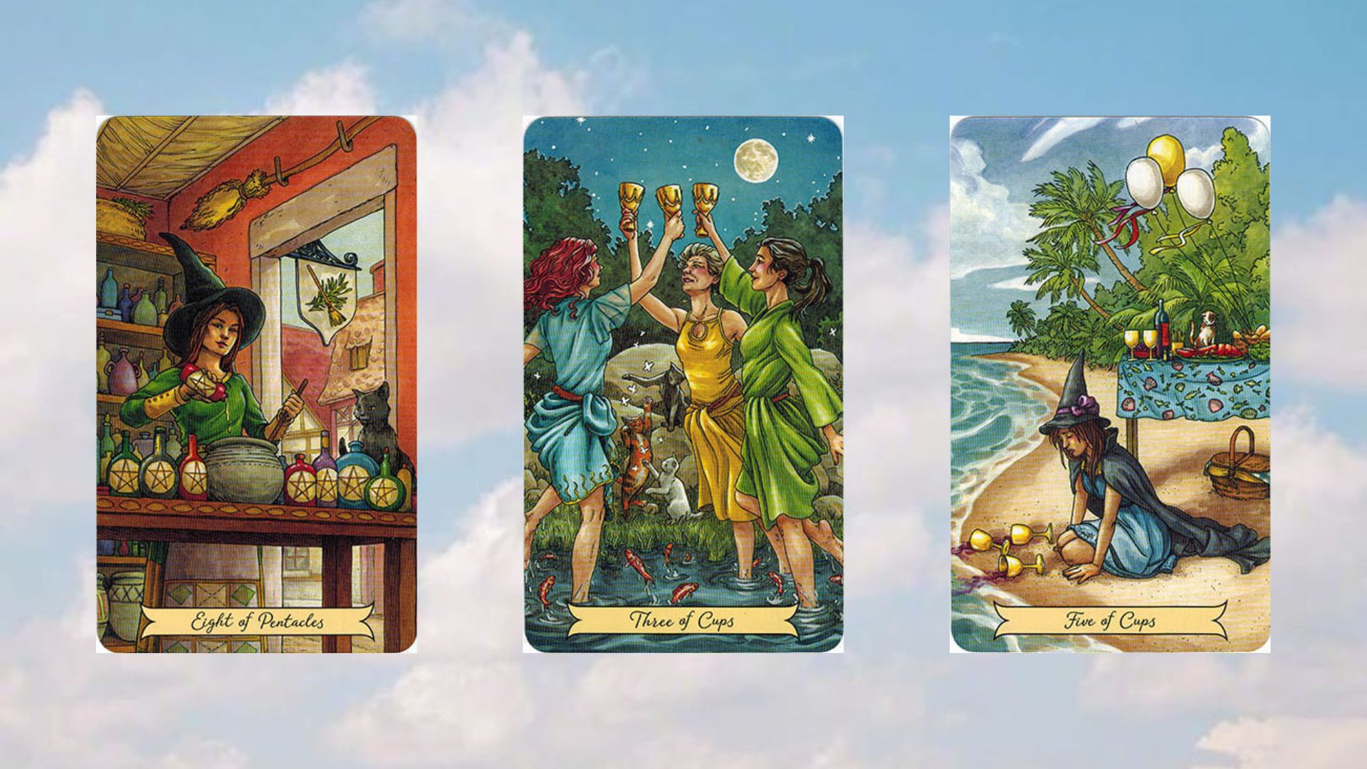 trải bài tarot eight of pentacles - three of cups - five of cups