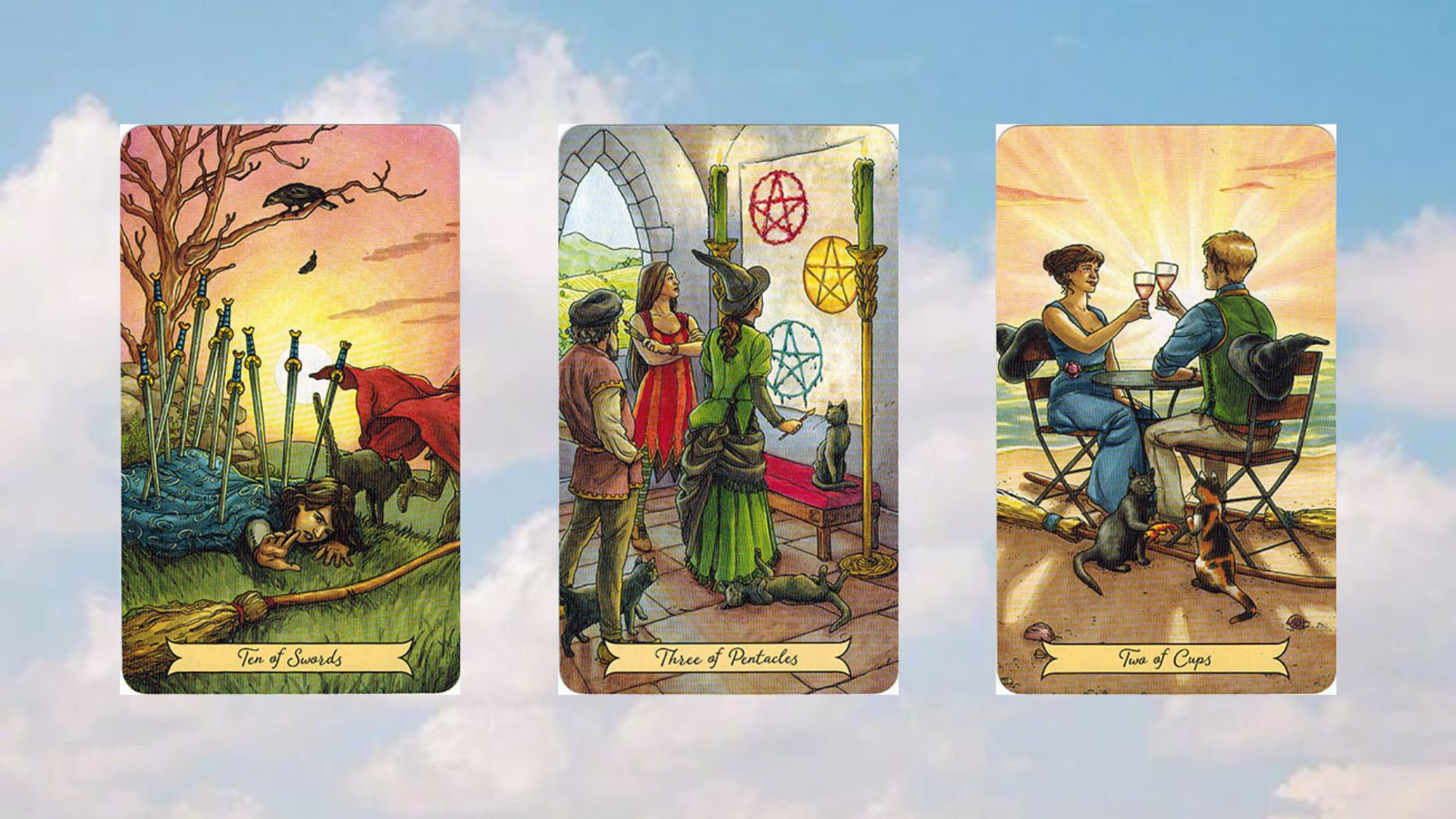 trải bài tarot tuần mới với lá bài ten of swords - three of pentacles - Two of cups