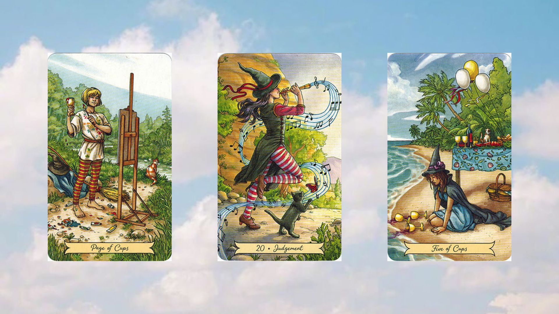 trải bài tuần tụ 3 page of cups - judgement - five of cups