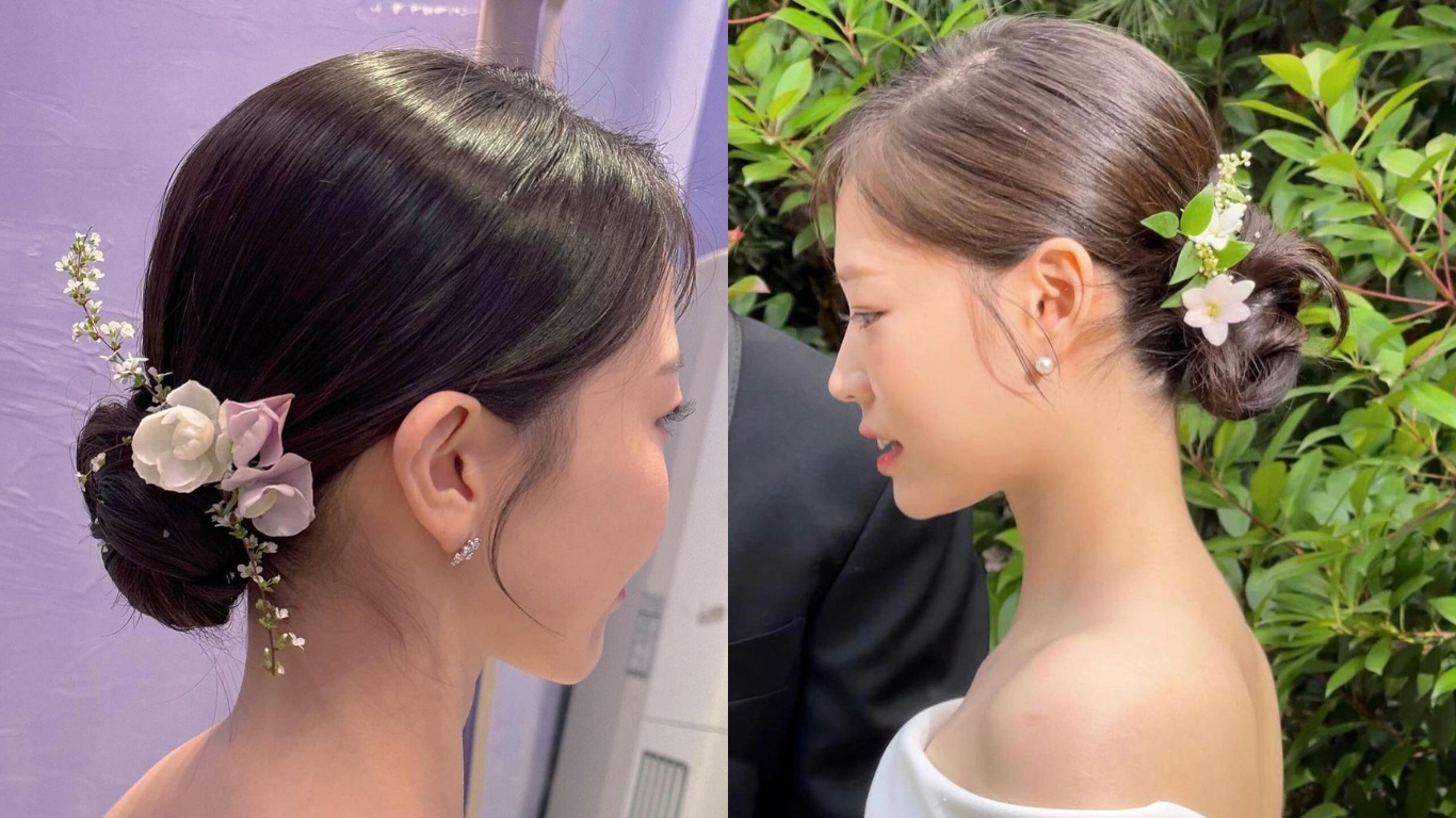 cô dâu - kiểu tóc búi thấp cài hoa