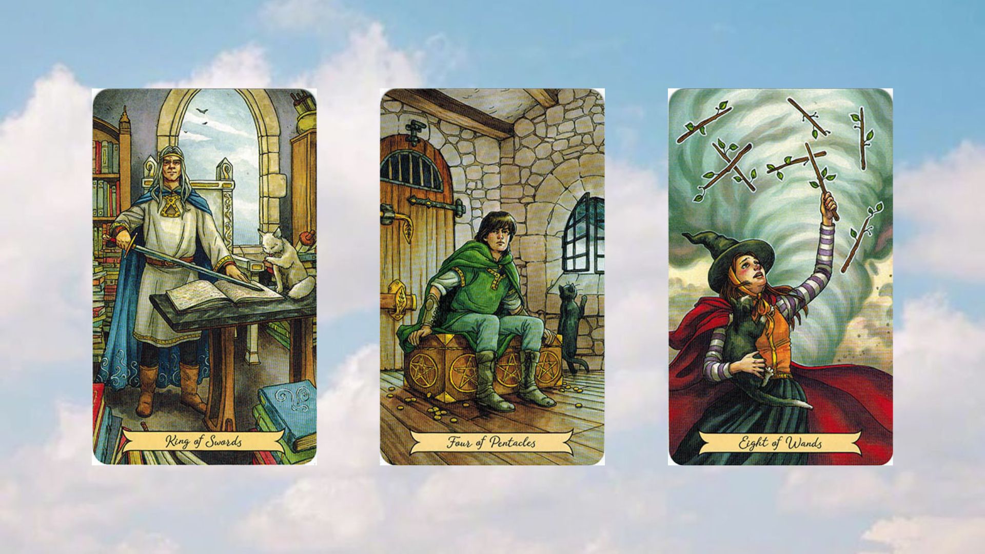 trảu bài tarot tụ 1 king of swords - four of pentacles - eight of wands