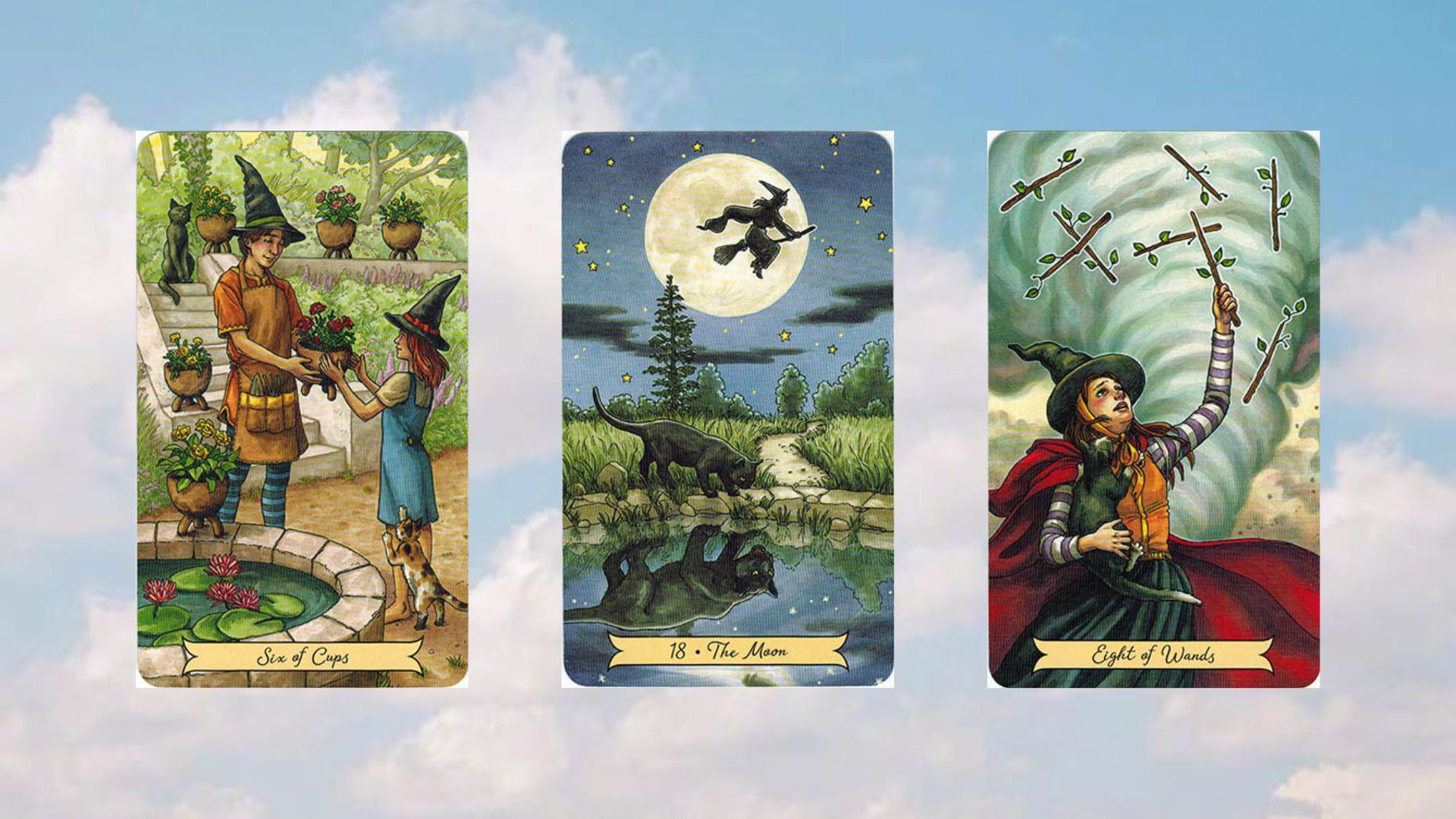 tarot six of cups - the moon - eight of wands