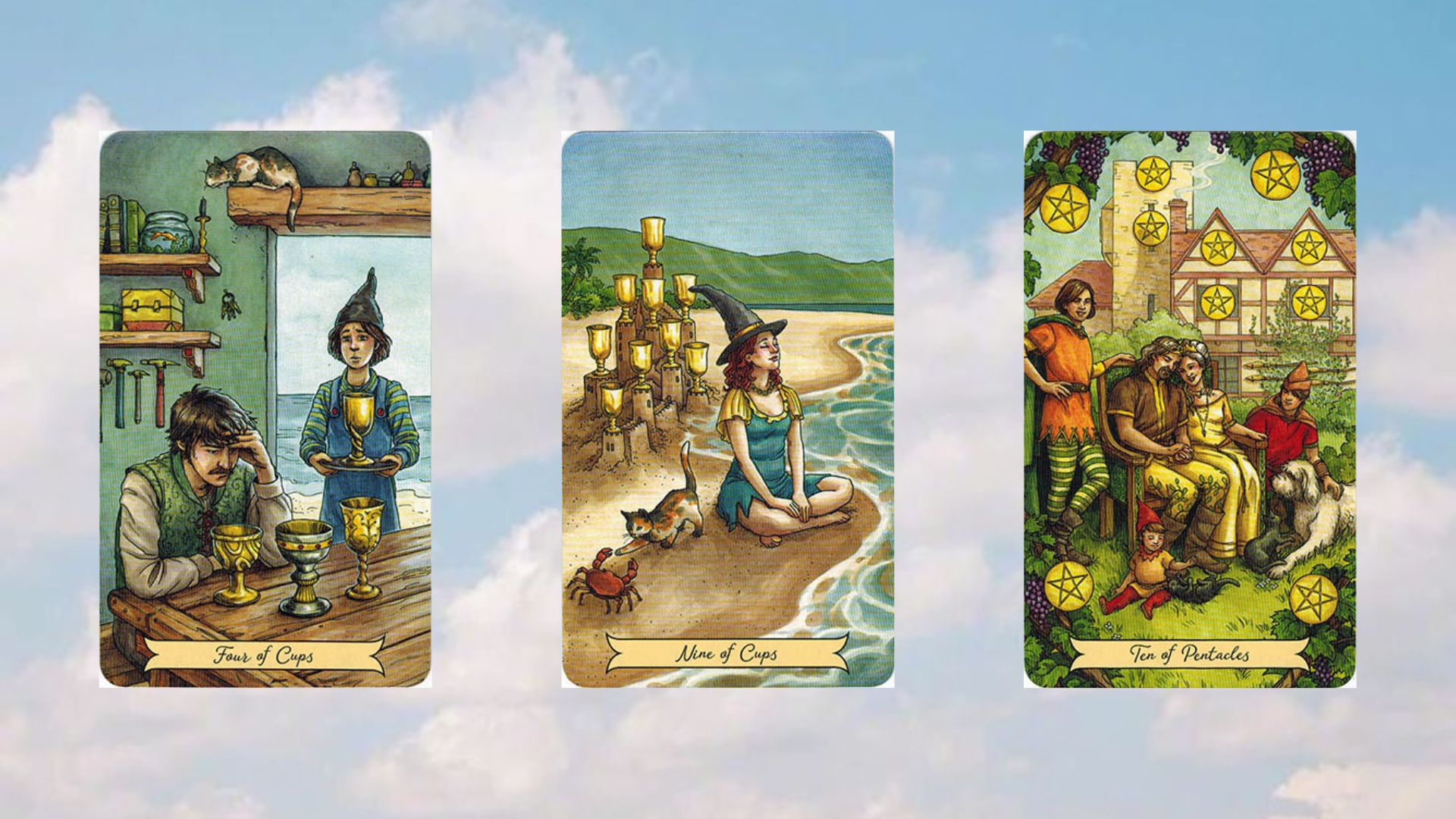 trải bài tuần four of cups - nine of cups - ten of pentacles