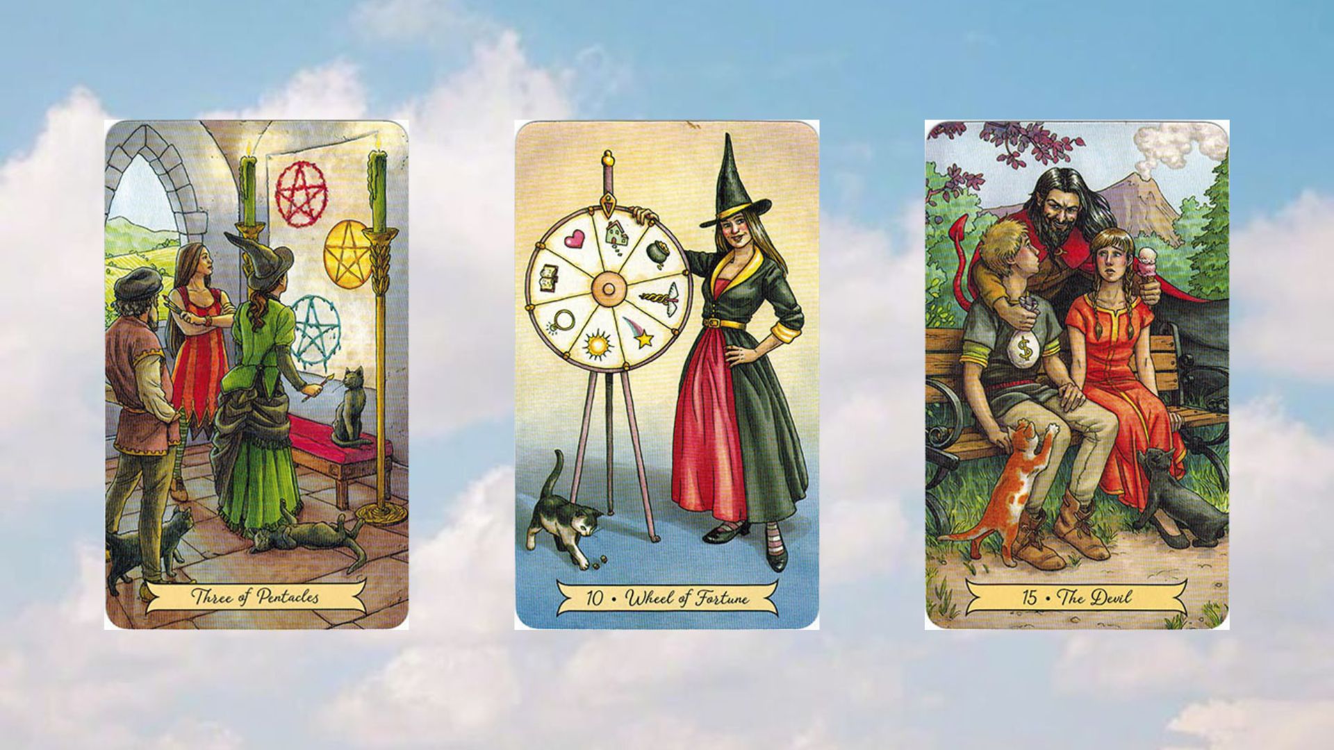 tụ bài tarot 1 three of pentacles - wheel of fortune - the devil