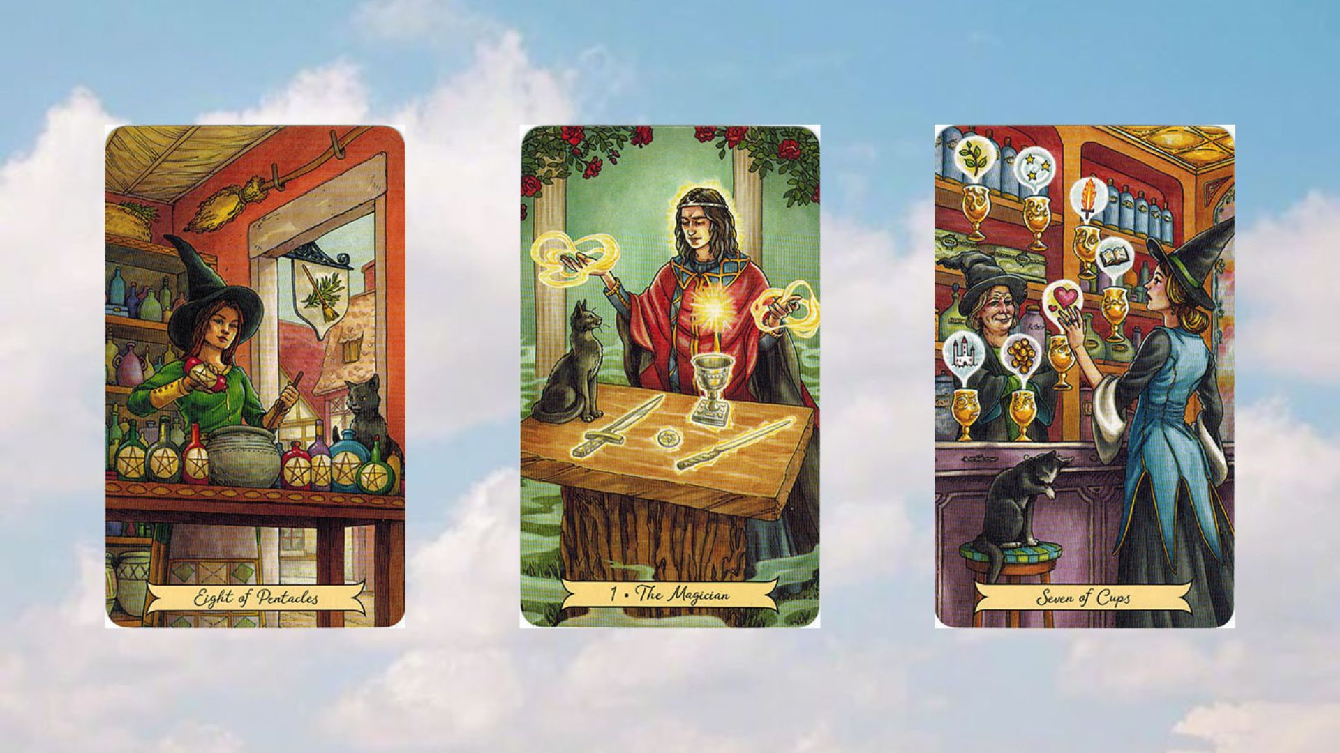 tụ bài tarot 2 eight of pentacles the magician - seven of cups