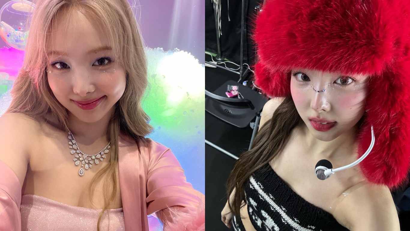 twice - Nayeon nhuộm tóc màu khói, đội nón lông màu đỏ và trang điểm đính đá để selfie
