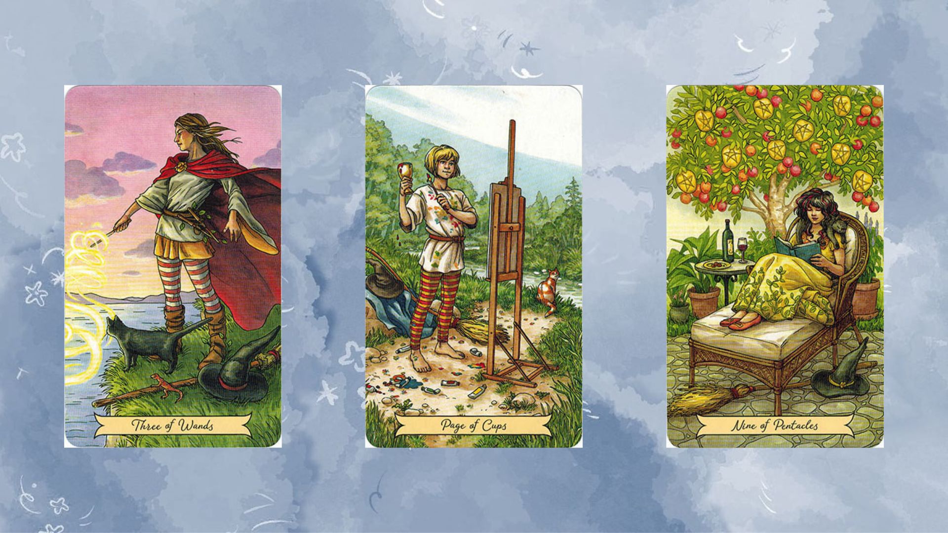 trải bài tarot tuần mới tụ 1 gồm Three of Wands – Page of Cups – Nine of Pentacles