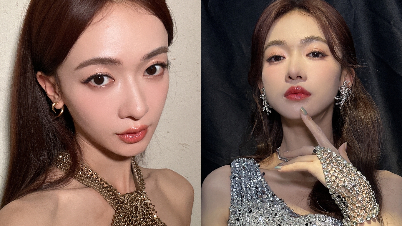 Ngô Cẩn Ngôn mặc đầm sequin, xõa tóc thẳng và đánh son bóng để selfie