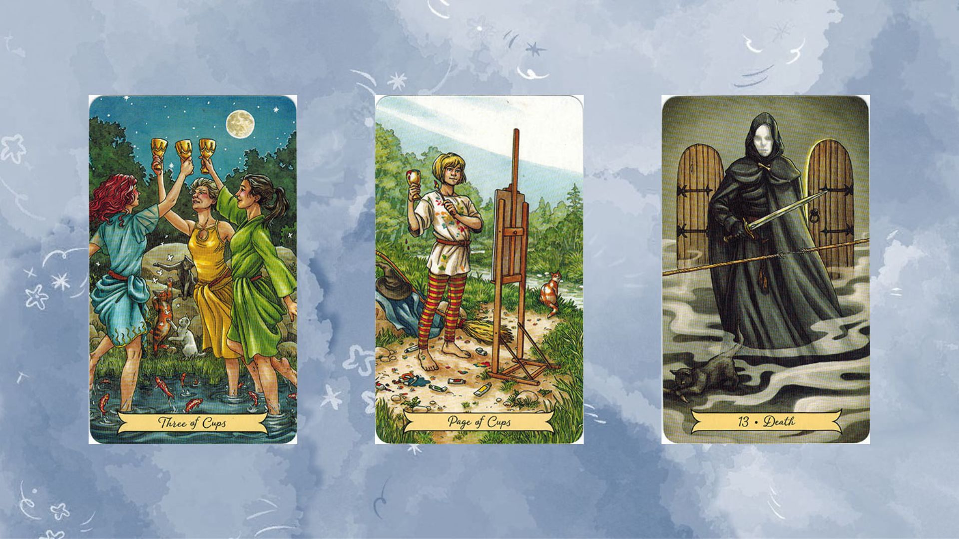 trải bài tarot tụ 2 Three of Cups - Page of Cups - The Death